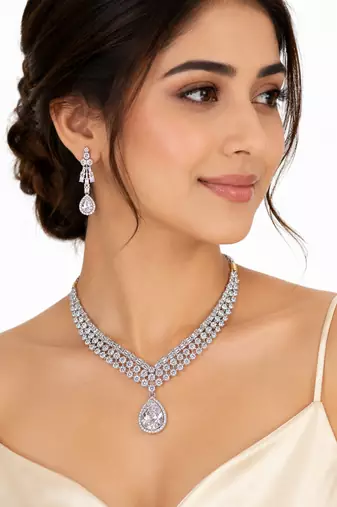 Cubic zirconia bridal necklace and earring set, silver tone, teardrop pendant, wedding jewellery