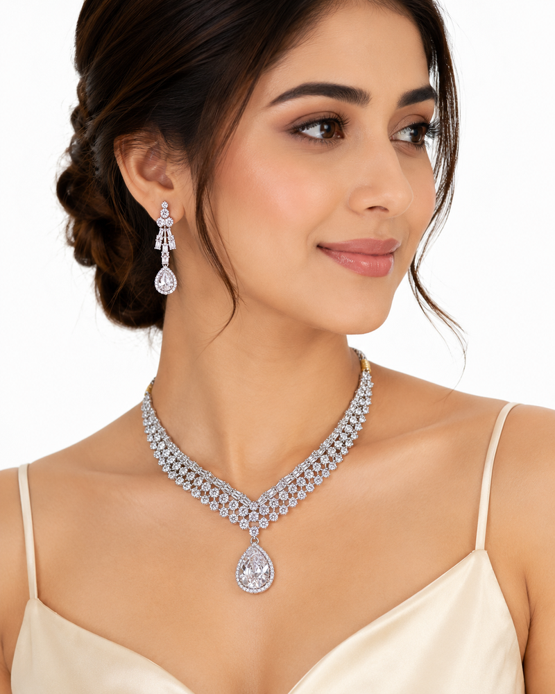 Cubic zirconia bridal necklace and earring set, silver tone, teardrop pendant, wedding jewellery