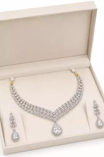 Cubic zirconia bridal necklace and earring set, silver tone, teardrop pendant, wedding jewellery