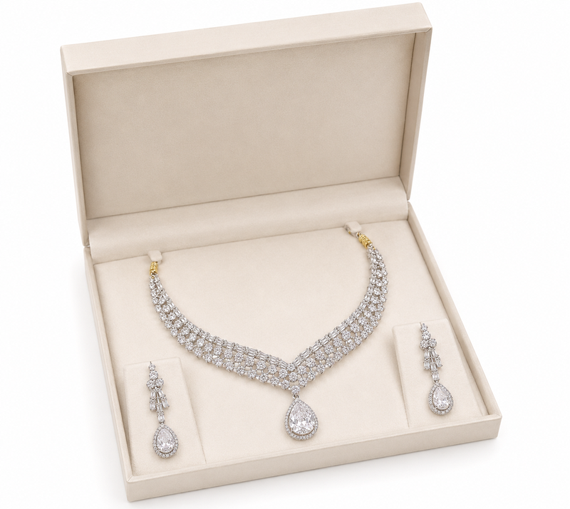 Cubic zirconia bridal necklace and earring set, silver tone, teardrop pendant, wedding jewellery