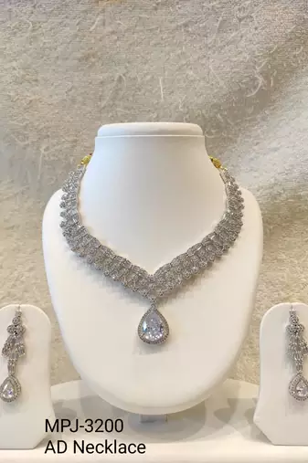 Cubic zirconia bridal necklace and earring set, silver tone, teardrop pendant, wedding jewellery
