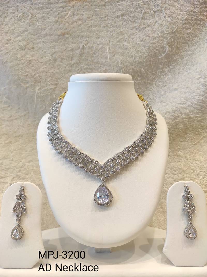 Cubic zirconia bridal necklace and earring set, silver tone, teardrop pendant, wedding jewellery