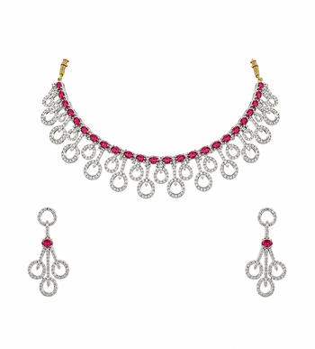 Diamond-style ruby red and white crystal necklace and earring set, silver tone, bridal jewellery 1