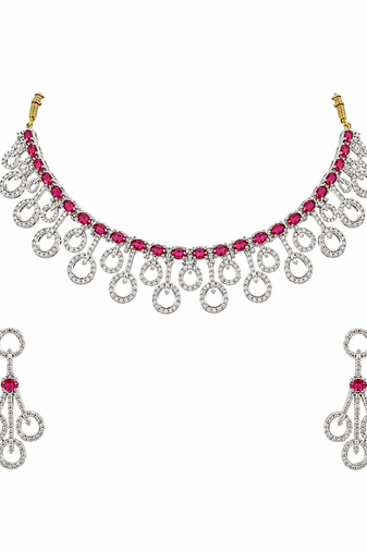 Diamond-style ruby red and white crystal necklace and earring set, silver tone, bridal jewellery