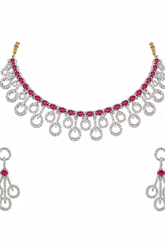 Diamond-style ruby red and white crystal necklace and earring set, silver tone, bridal jewellery