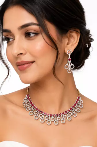 Diamond-style ruby red and white crystal necklace and earring set, silver tone, bridal jewellery
