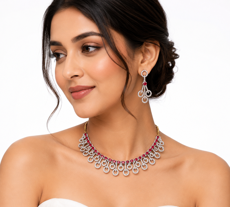 Diamond-style ruby red and white crystal necklace and earring set, silver tone, bridal jewellery