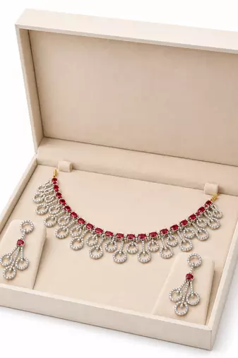 Diamond-style ruby red and white crystal necklace and earring set, silver tone, bridal jewellery
