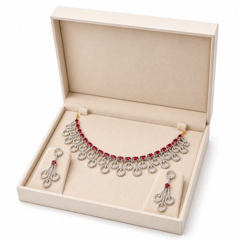 Diamond-style ruby red and white crystal necklace and earring set, silver tone, bridal jewellery