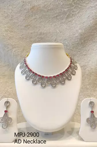 Diamond-style ruby red and white crystal necklace and earring set, silver tone, bridal jewellery