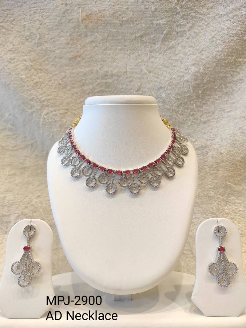 Diamond-style ruby red and white crystal necklace and earring set, silver tone, bridal jewellery
