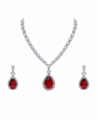 Red teardrop pendant necklace and earrings set, silver-tone, crystal embellished, with stud earrings 1