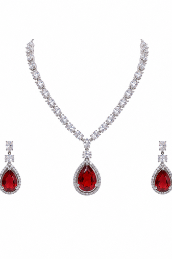 Red teardrop pendant necklace and earrings set, silver-tone, crystal embellished, with stud earrings