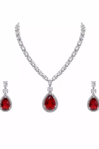 Red teardrop pendant necklace and earrings set, silver-tone, crystal embellished, with stud earrings