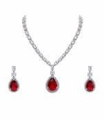 Red teardrop pendant necklace and earrings set, silver-tone, crystal embellished, with stud earrings