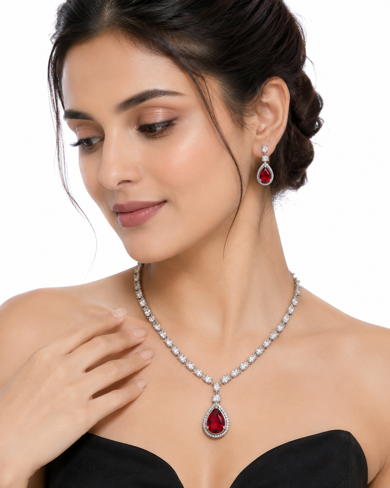 Red teardrop pendant necklace and earrings set, silver-tone, crystal embellished, with stud earrings