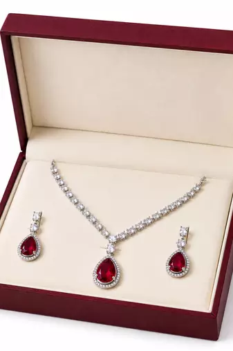 Red teardrop pendant necklace and earrings set, silver-tone, crystal embellished, with stud earrings
