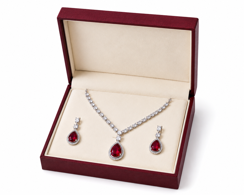 Red teardrop pendant necklace and earrings set, silver-tone, crystal embellished, with stud earrings