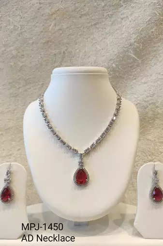 Red teardrop pendant necklace and earrings set, silver-tone, crystal embellished, with stud earrings