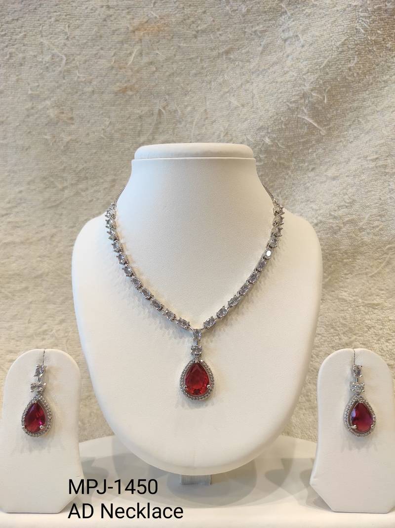 Red teardrop pendant necklace and earrings set, silver-tone, crystal embellished, with stud earrings