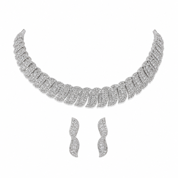 Crystal pave choker necklace and earrings jewellery set, silver tone, with stud earrings 1
