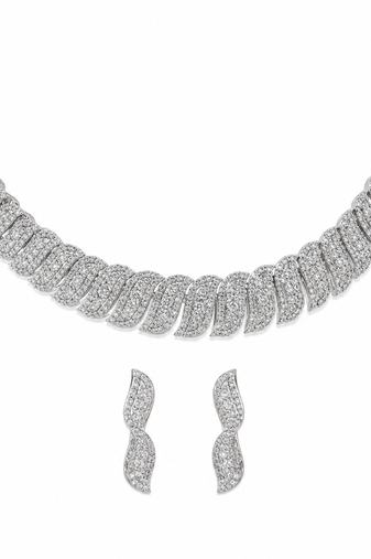 Crystal pave choker necklace and earrings jewellery set, silver tone, with stud earrings