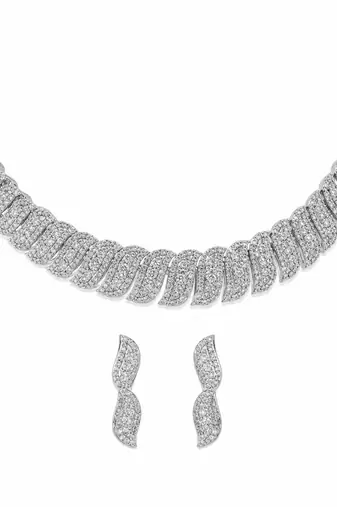 Crystal pave choker necklace and earrings jewellery set, silver tone, with stud earrings