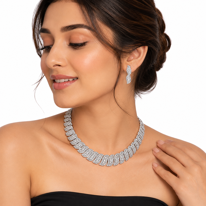 Crystal pave choker necklace and earrings jewellery set, silver tone, with stud earrings