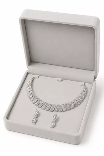 Crystal pave choker necklace and earrings jewellery set, silver tone, with stud earrings