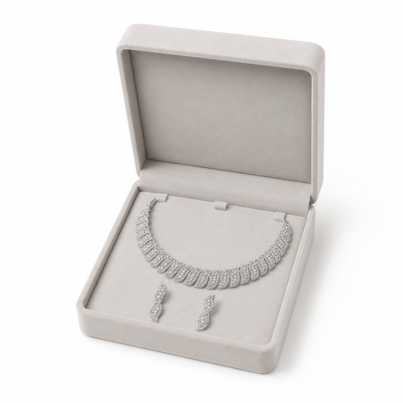 Crystal pave choker necklace and earrings jewellery set, silver tone, with stud earrings