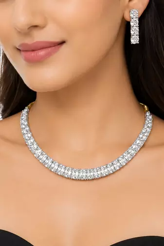 Crystal choker necklace and earrings jewellery set, silver and gold tone, cubic zirconia, bridal occasion wear