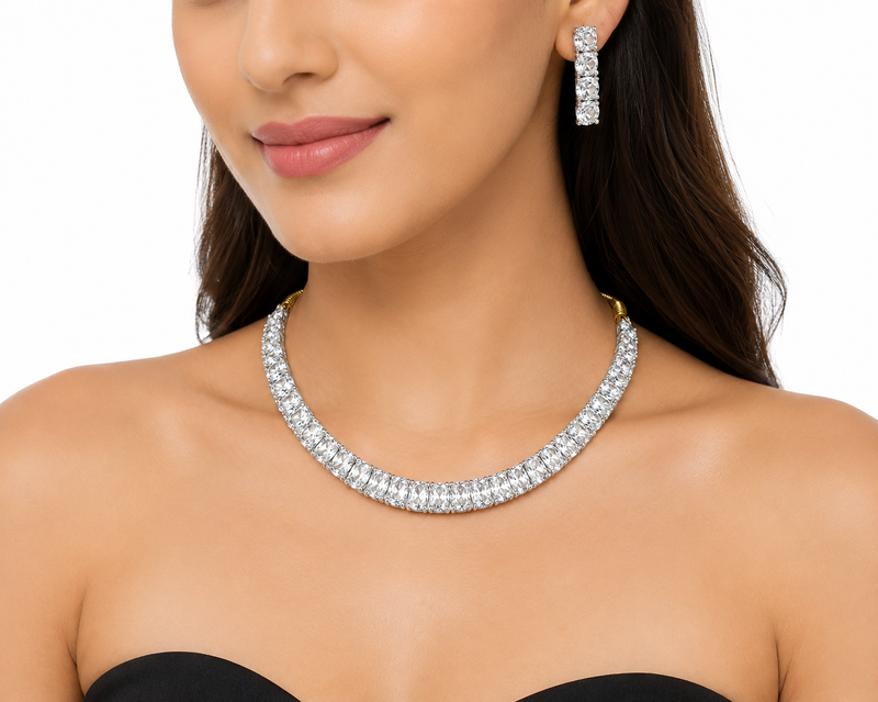 Crystal choker necklace and earrings jewellery set, silver and gold tone, cubic zirconia, bridal occasion wear