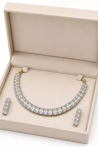 Crystal choker necklace and earrings jewellery set, silver and gold tone, cubic zirconia, bridal occasion wear