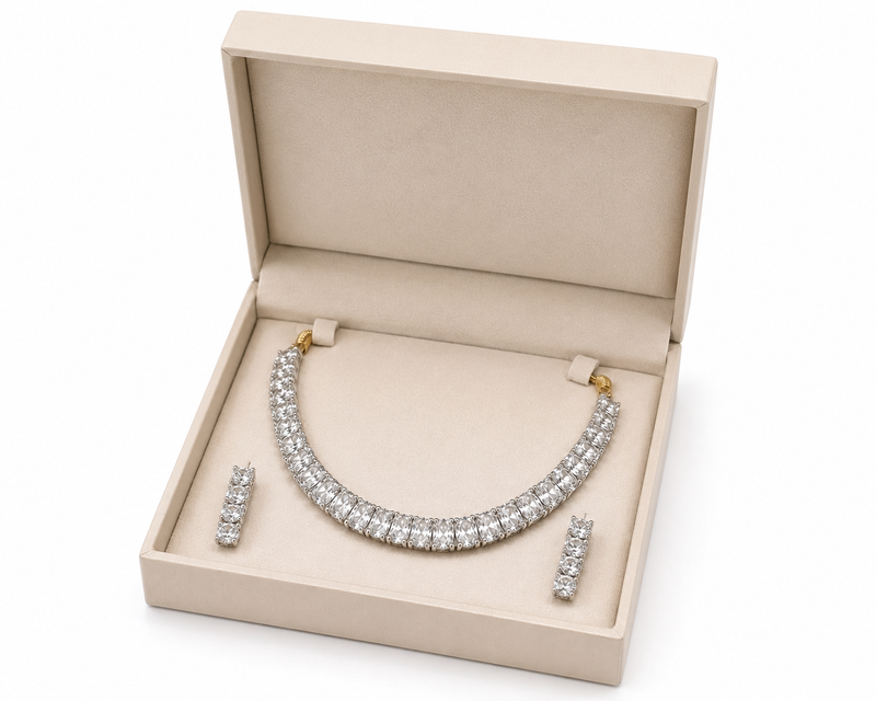 Crystal choker necklace and earrings jewellery set, silver and gold tone, cubic zirconia, bridal occasion wear
