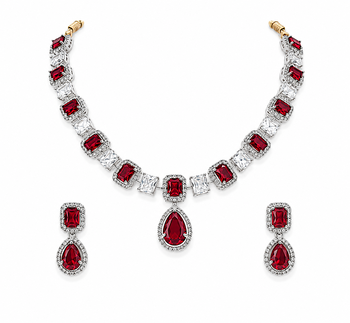 Ruby red and white crystal necklace and earrings jewellery set, pear drop pendant, bridal 1