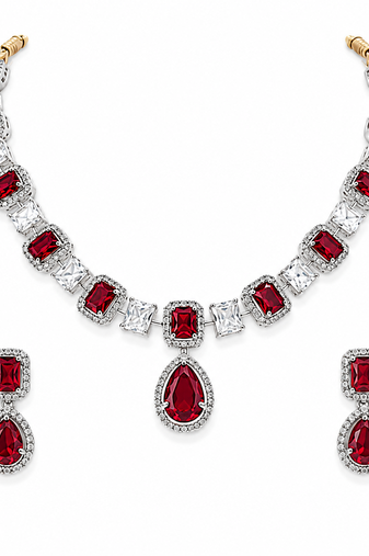 Ruby red and white crystal necklace and earrings jewellery set, pear drop pendant, bridal