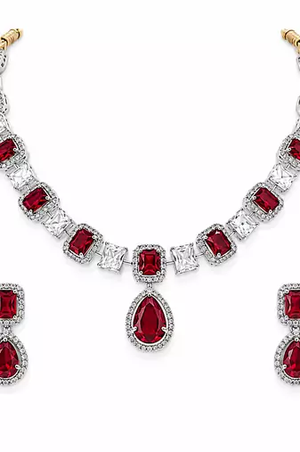 Ruby red and white crystal necklace and earrings jewellery set, pear drop pendant, bridal