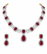 Ruby red and white crystal necklace and earrings jewellery set, pear drop pendant, bridal