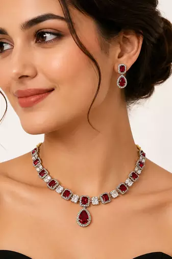 Ruby red and white crystal necklace and earrings jewellery set, pear drop pendant, bridal