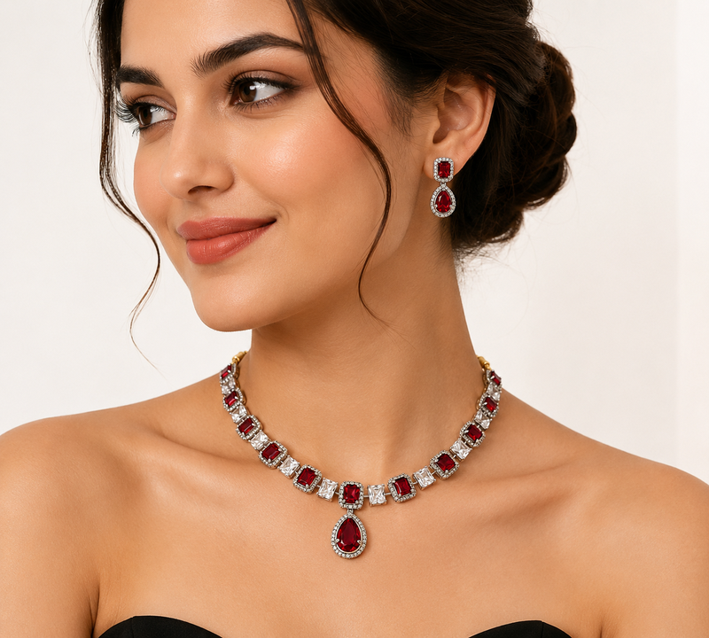 Ruby red and white crystal necklace and earrings jewellery set, pear drop pendant, bridal