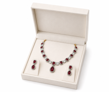 Ruby red and white crystal necklace and earrings jewellery set, pear drop pendant, bridal 3