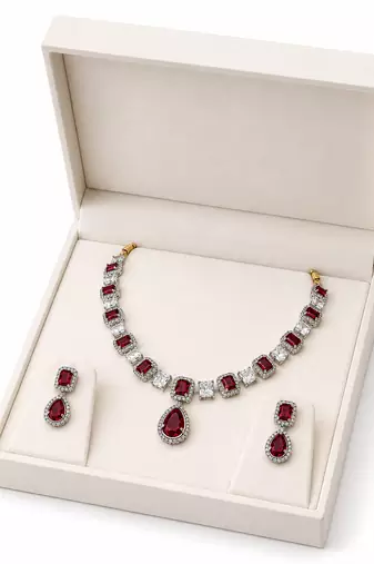Ruby red and white crystal necklace and earrings jewellery set, pear drop pendant, bridal