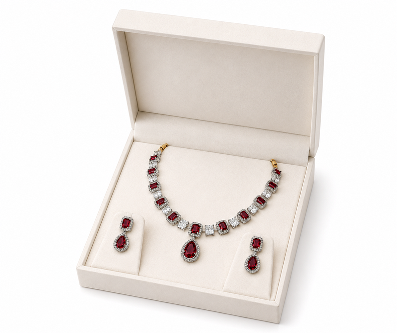 Ruby red and white crystal necklace and earrings jewellery set, pear drop pendant, bridal