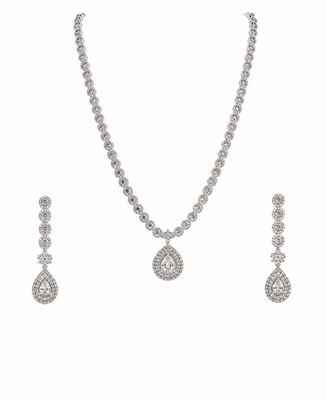 Silver-tone cz teardrop pendant necklace and drop earrings jewellery set, bridal, with stud earrings 1