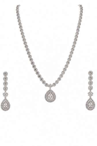 Silver-tone cz teardrop pendant necklace and drop earrings jewellery set, bridal, with stud earrings