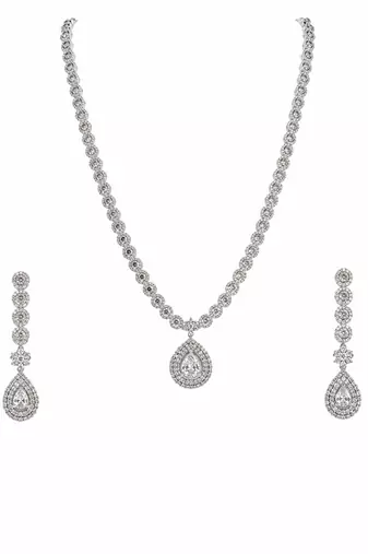 Silver-tone cz teardrop pendant necklace and drop earrings jewellery set, bridal, with stud earrings