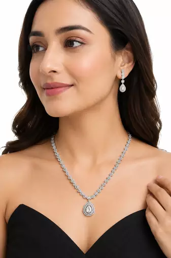 Silver-tone cz teardrop pendant necklace and drop earrings jewellery set, bridal, with stud earrings