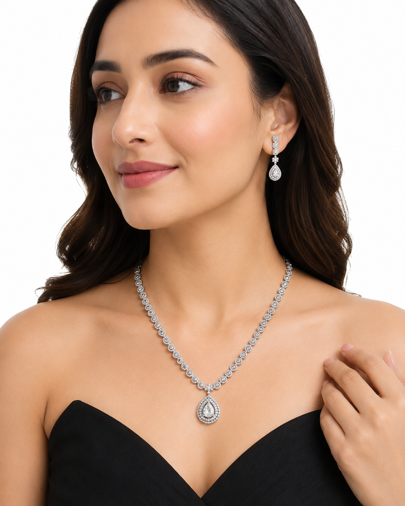Silver-tone cz teardrop pendant necklace and drop earrings jewellery set, bridal, with stud earrings
