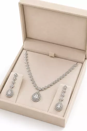 Silver-tone cz teardrop pendant necklace and drop earrings jewellery set, bridal, with stud earrings
