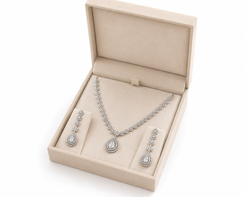 Silver-tone cz teardrop pendant necklace and drop earrings jewellery set, bridal, with stud earrings